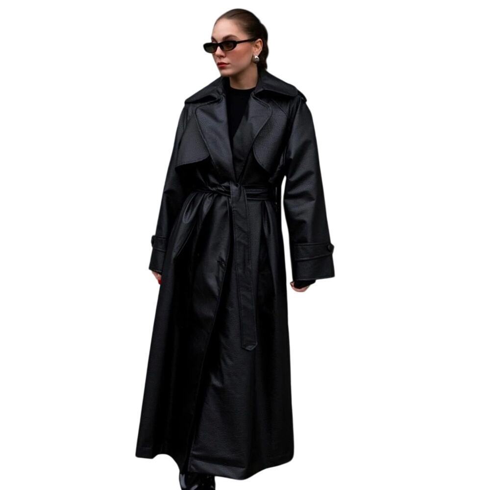 Black Trench Coat Faux Leather